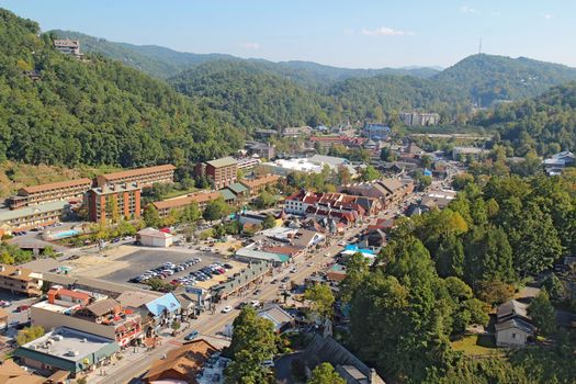 GATLINBURG, TENNESSEE - OCTOBER 6: Aerial wide-angle view of Gatlinburg, Tennessee on October 6, 2013. Gatlinburg is a major tourist destination and gateway to the Great Smoky Mountains National Park.
