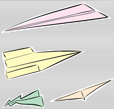 Group of paper airplane sketches on striped background