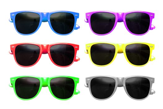 Graphic image of many coloured sunglasses on a white background