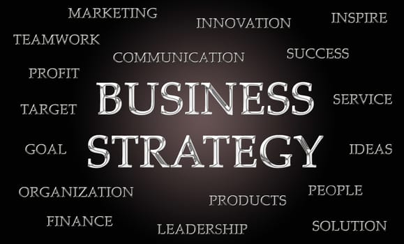 Business strategy word cloud written in luxurious chrome letters