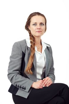 sitting middle age business woman isolated background