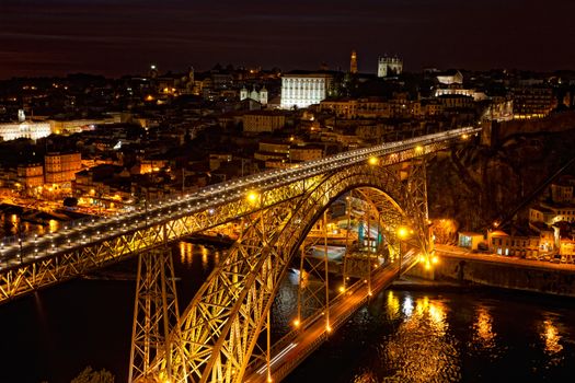 Bridge of Luis I at night over Douro river and Porto, Portugal