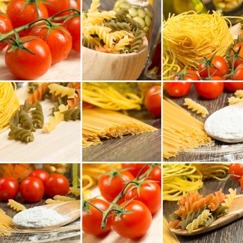 pasta and cherry tomatoes, collage from several images