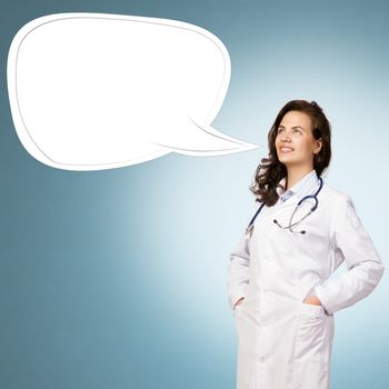 young woman doctor says cloud over his head, place for text