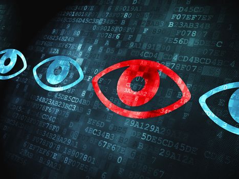 Privacy concept: pixelated Eye icon on digital background, 3d render