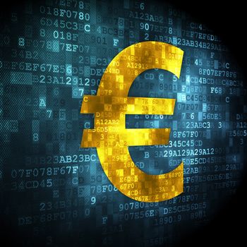 Currency concept: pixelated Euro icon on digital background, 3d render