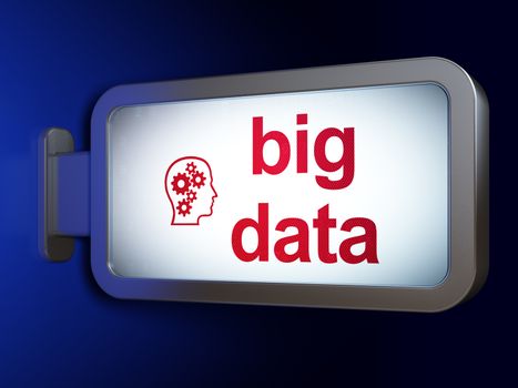 Data concept: Big Data and Head With Gears on advertising billboard background, 3d render