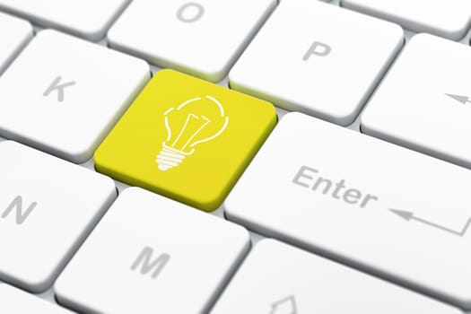 Business concept: computer keyboard with Light Bulb icon on enter button background, selected focus, 3d render