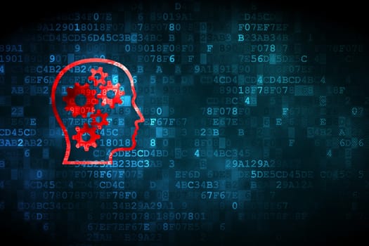 Information concept: pixelated Head With Gears icon on digital background, empty copyspace for card, text, advertising, 3d render