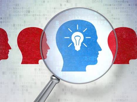 Magnifying optical glass with Head Whis Lightbulb icons on digital background, 3d render
