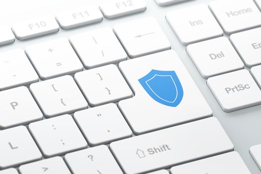Protection concept: enter button with Shield on computer keyboard background, 3d render, selected focus