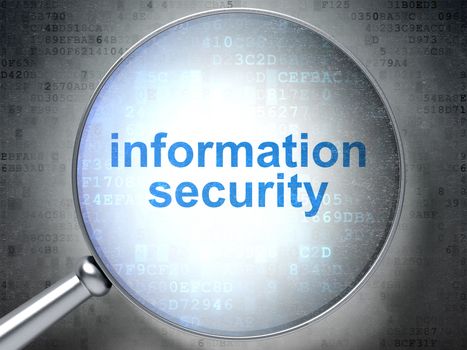 Magnifying optical glass with words Information Security on digital background, 3d render