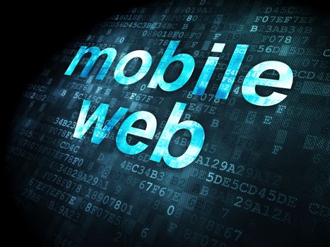 SEO web development concept: pixelated words Mobile Web on digital background, 3d render