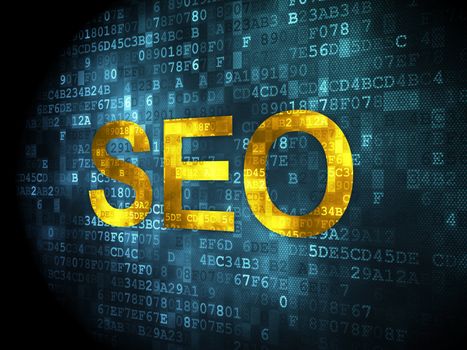 SEO web development concept: pixelated words SEO on digital background, 3d render