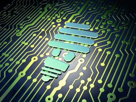 Business concept: circuit board with Energy Saving Lamp icon, 3d render