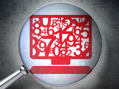Magnifying optical glass with Computer Pc icon on digital background, 3d render