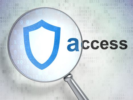 Magnifying optical glass with Contoured Shield icon and Access word on digital background, 3d render