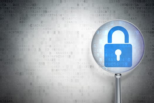 Magnifying optical glass with Closed Padlock icon on digital background, empty copyspace for card, text, advertising, 3d render