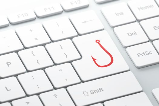 Security concept: enter button with Fishing Hook on computer keyboard background, 3d render, selected focus