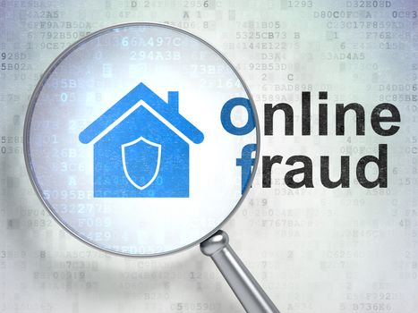 Magnifying optical glass with Home icon and Online Fraud word on digital background, 3d render