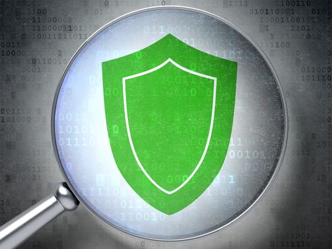 Magnifying optical glass with Shield icon on digital background, 3d render