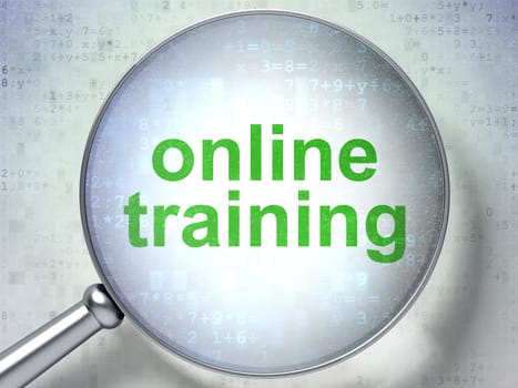 Magnifying optical glass with words Online Training on digital background, 3d render