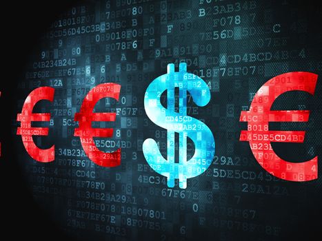 Currency concept: pixelated Dollar And Euro icon on digital background, 3d render