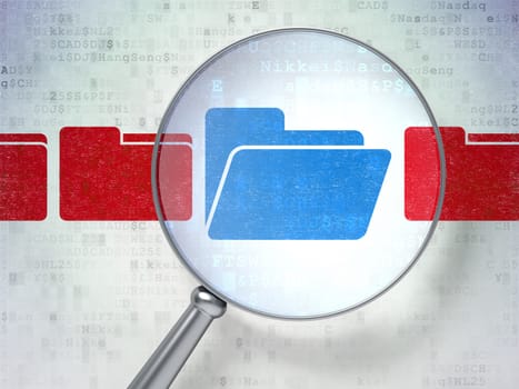 Magnifying optical glass with Folder icons on digital background, 3d render