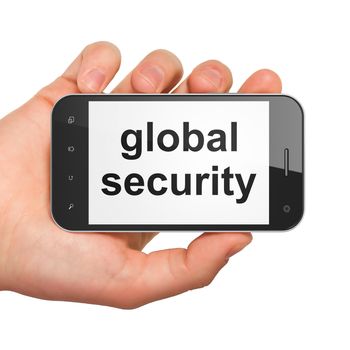 Privacy concept: hand holding smartphone with word Global Security on display. Generic mobile smart phone in hand on White background.