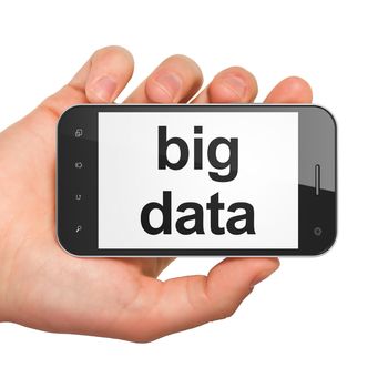 Data concept: hand holding smartphone with word Big Data on display. Generic mobile smart phone in hand on White background.