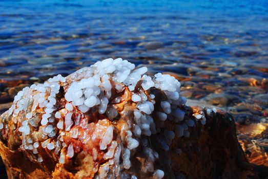 Crystallized salt at the Dead Sea, Jordan. The Dead Sea, also called the Salt Sea, is a salt lake bordering Jordan to the east and Israel and Palestine to the west. Its surface and shores are 423 metres (1,388 ft) below sea level, Earth's lowest elevation on land. The Dead Sea is 377 m (1,237 ft) deep, the deepest hypersaline lake in the world. With 33.7% salinity, it is also one of the world's saltiest bodies of water.