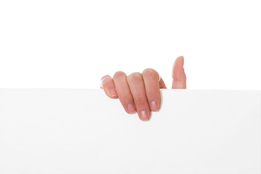 Hand holding paper isolated on white background