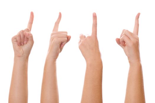 Image of a woman finger pointing from four different angle of shot