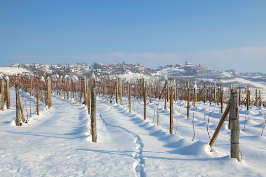 Vineyards covered by white snow and small town on the hill on background under blue winter sky at sunny day in Piedmont, Northern Italy.