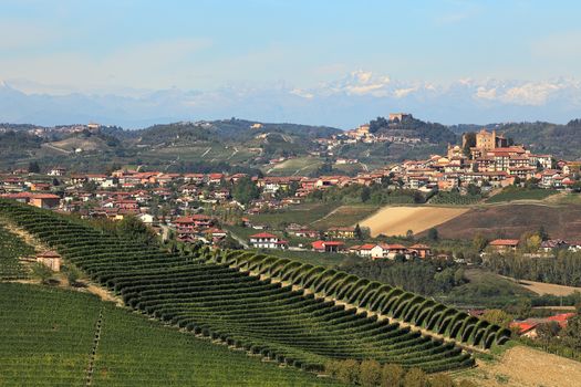 View of hills with green vineyards and small town of Roddi on background in Piedmont, Northern Italy.