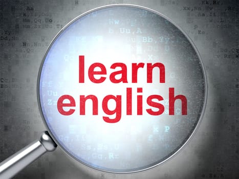 Magnifying optical glass with words Learn English on digital background, 3d render