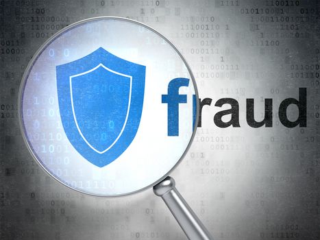 Magnifying optical glass with Shield icon and Fraud word on digital background, 3d render