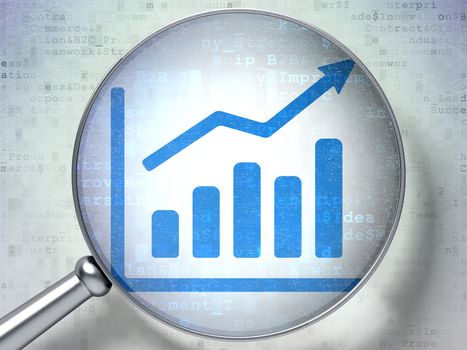 Magnifying optical glass with Growth Graph icon on digital background, 3d render