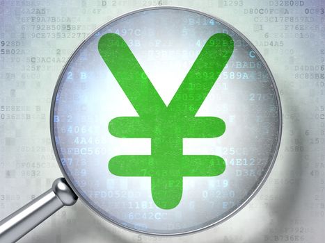 Magnifying optical glass with Yen icon on digital background, 3d render