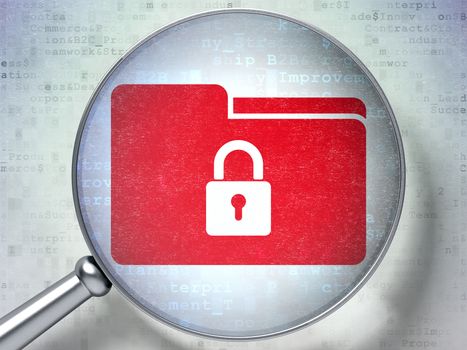 Magnifying optical glass with Folder With Lock icon on digital background, 3d render