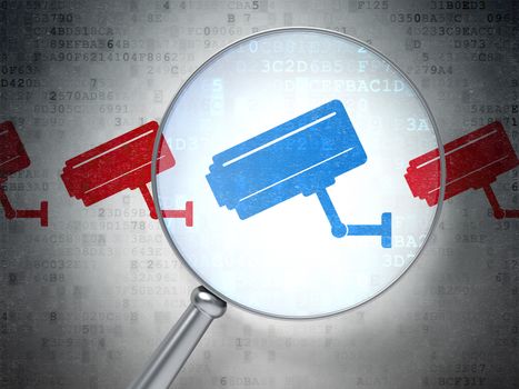 Magnifying optical glass with Cctv Camera icons on digital background, 3d render