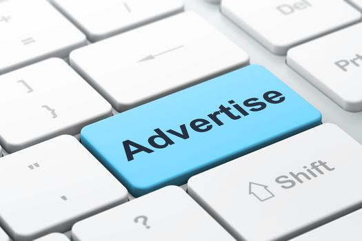 Advertising concept: computer keyboard with word Advertise, selected focus on enter button background, 3d render