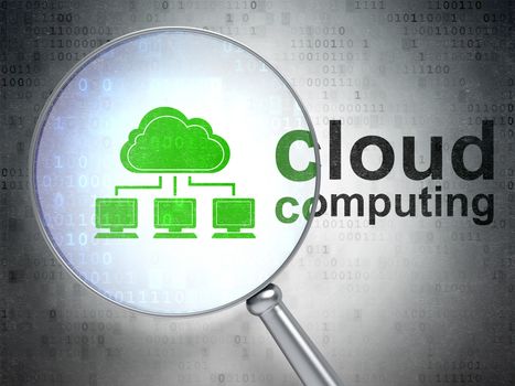 Magnifying optical glass with Cloud Network icon and Cloud Computing word on digital background, 3d render