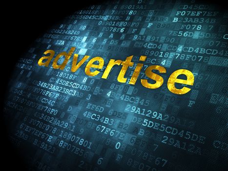 Advertising concept: pixelated words Advertise on digital background, 3d render