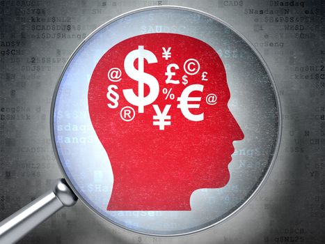 Magnifying optical glass with Head With Finance Symbol icon on digital background, 3d render