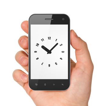 Timeline concept: hand holding smartphone with Clock on display. Generic mobile smart phone in hand on White background.