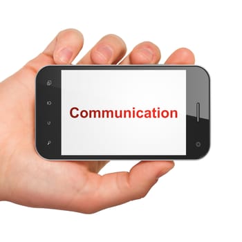 Advertising concept: hand holding smartphone with word Communication on display. Generic mobile smart phone in hand on White background.