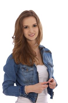 Smiling beautiful woman in blue top jeans isolated on white