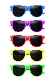 Graphic image of many coloured sunglasses on a white background