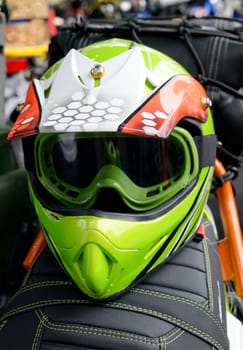 Motorcycle helmet on seat